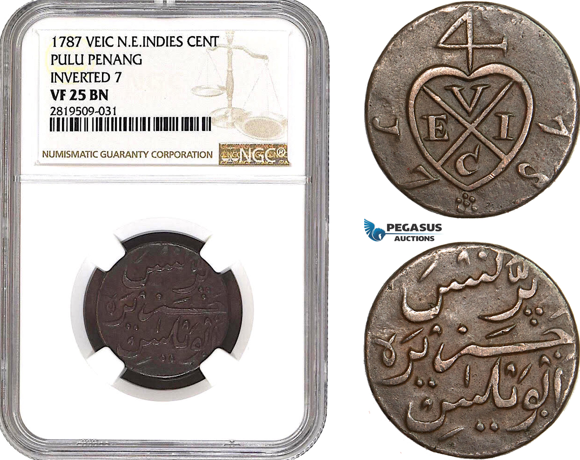 AB716, Netherlands East Indies (VEIC) Pulu Penang, 1 Cent 1787, Inverted 7, NGC VF25BN, Pop 1/0, Rare!