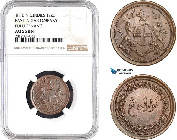 AB717, Netherlands East Indies (EIC) Pulu Penang, 1/2 Cent 1810, NGC AU55BN