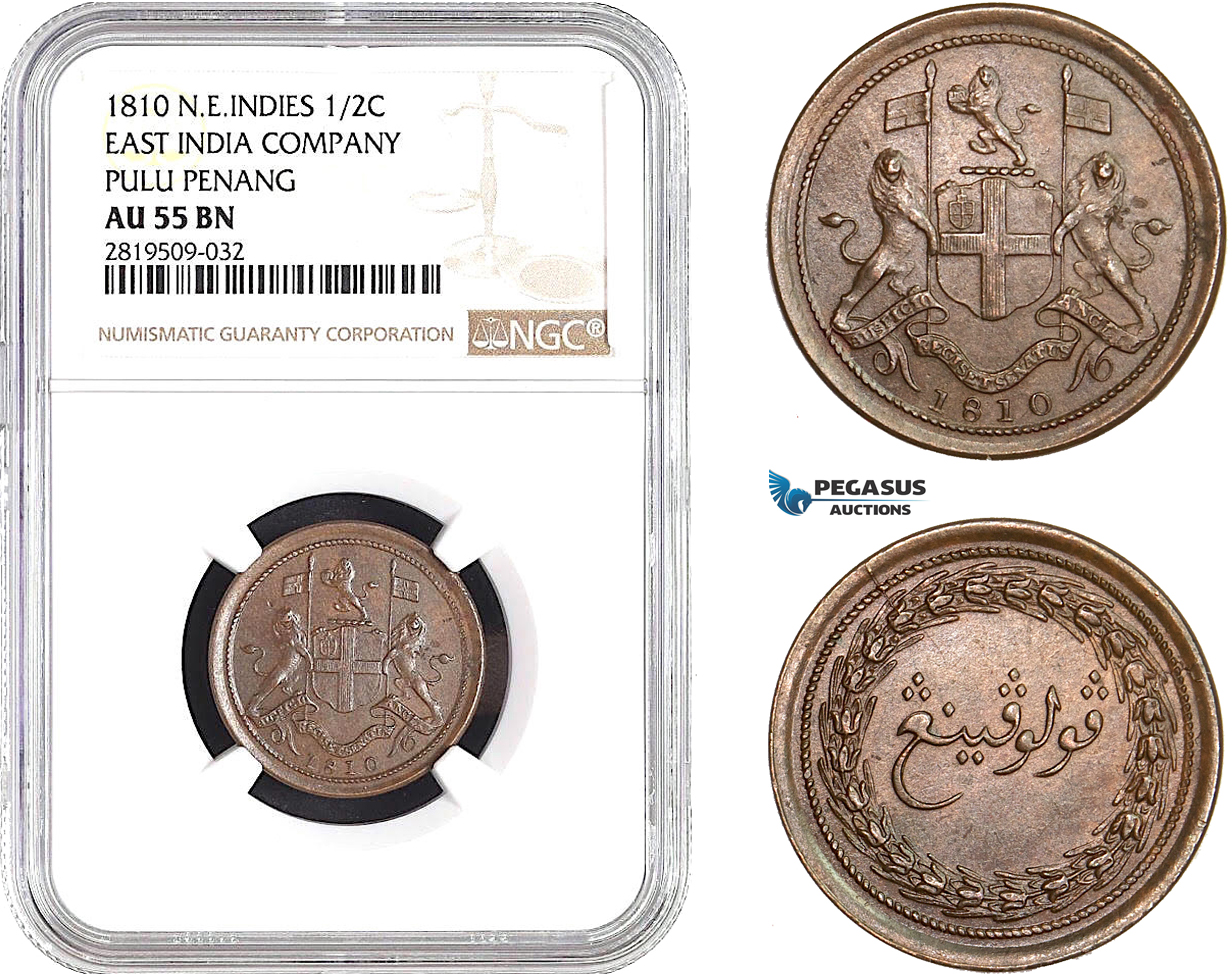 AB717, Netherlands East Indies (EIC) Pulu Penang, 1/2 Cent 1810, NGC AU55BN