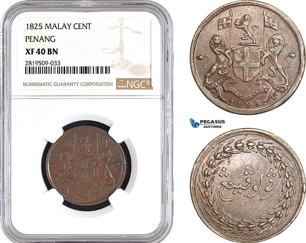 AB718, Malay Peninsula, Penang, 1 Cent 1825, NGC XF40BN, Pop 1/0