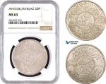 AB745, Saudi Arabia, Hejaz, Al-Husain ibn Ali, 20 Piastres AH1334/8, Mecca, Silver, NGC MS63