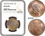 AB750-R, Spain, Alfonso XII, 10 Centimos 1878 OM, Barcelona, NGC MS64RB