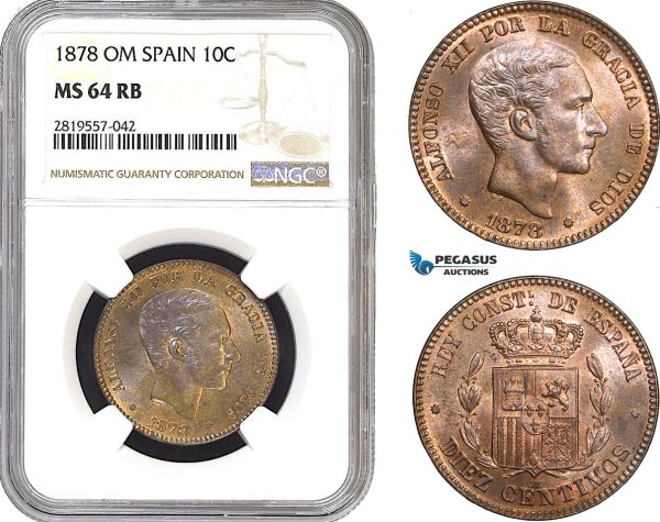 AB750-R, Spain, Alfonso XII, 10 Centimos 1878 OM, Barcelona, NGC MS64RB