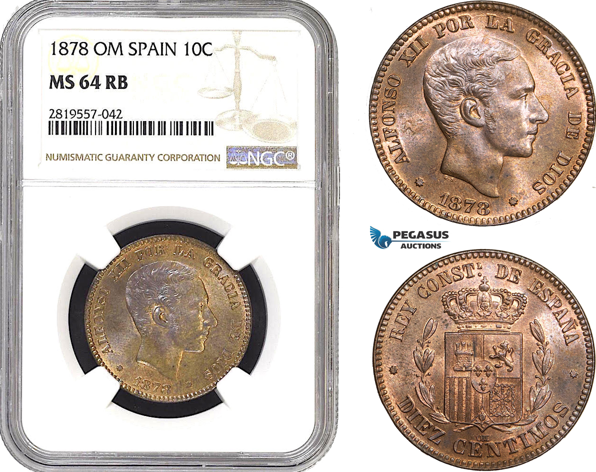 AB750-R, Spain, Alfonso XII, 10 Centimos 1878 OM, Barcelona, NGC MS64RB