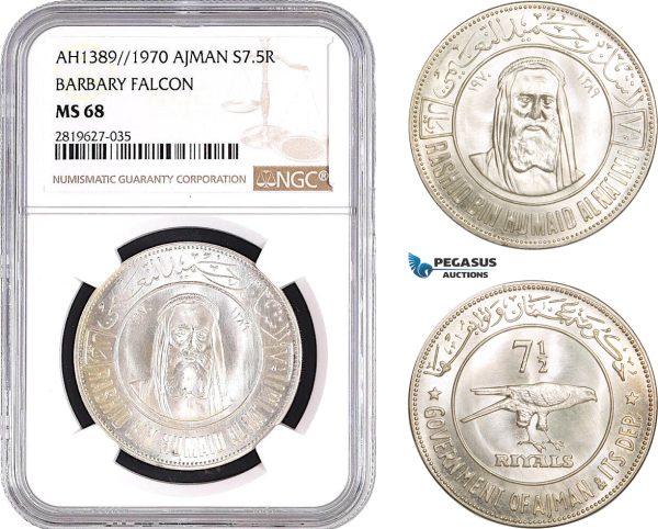 AB765, United Arab Emirates, Ajman, 7.5 Rials AH1389 / 1970, Silver, NGC MS68 "Barbary Falcon"