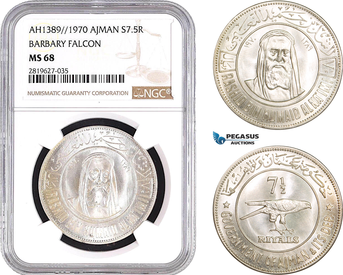 AB765, United Arab Emirates, Ajman, 7.5 Rials AH1389 / 1970, Silver, NGC MS68 "Barbary Falcon"