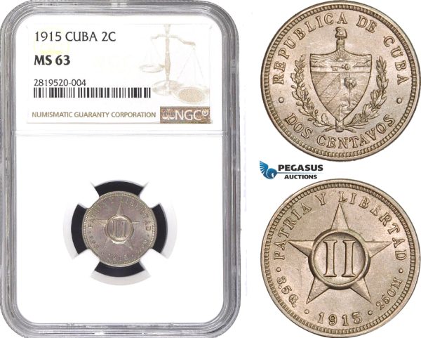 AB771, Cuba, 2 Centavos 1915, Philadelphia, NGC MS63