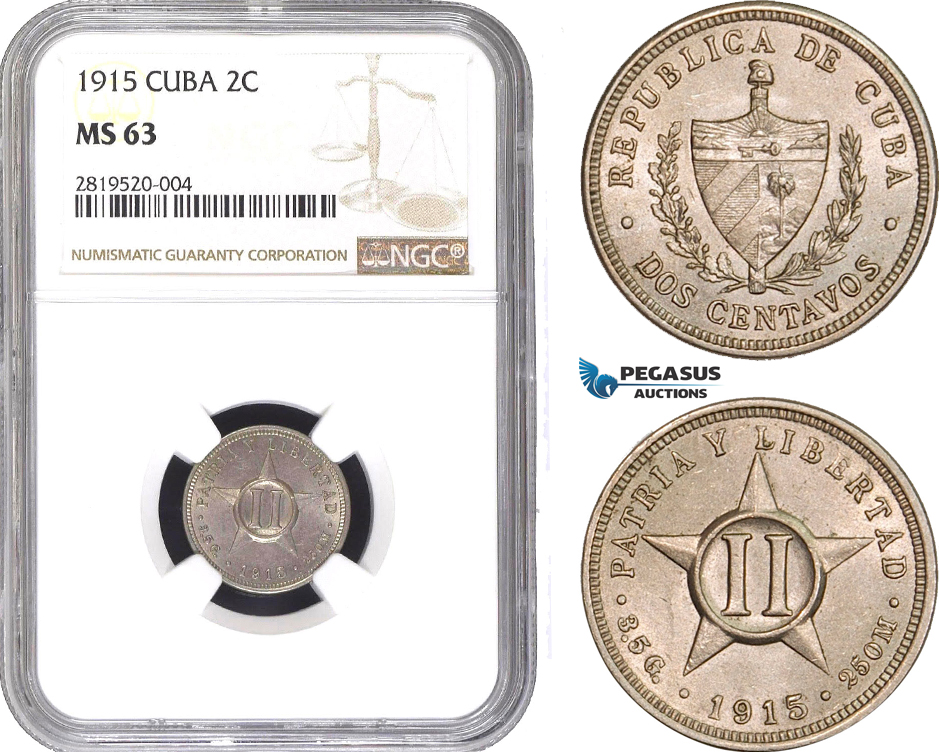 AB771, Cuba, 2 Centavos 1915, Philadelphia, NGC MS63