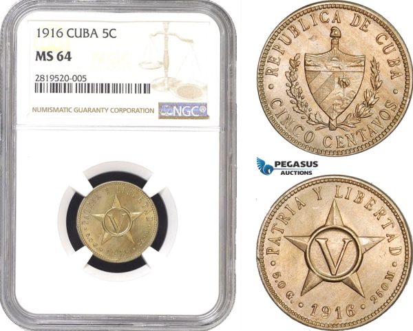 AB772, Cuba, 5 Centavos 1916, Philadelphia, NGC MS64