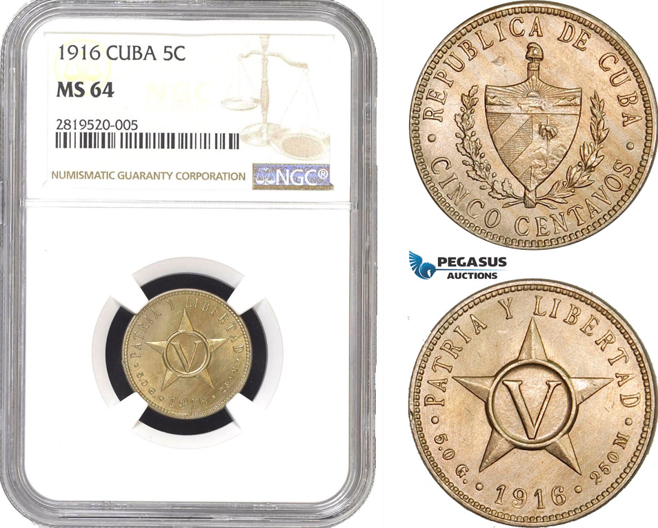 AB772, Cuba, 5 Centavos 1916, Philadelphia, NGC MS64