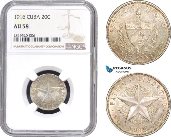 AB773, Cuba, 20 Centavos 1916, Philadelphia, Silver, NGC AU58