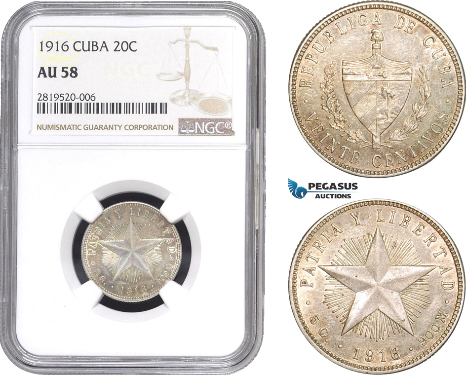 AB773, Cuba, 20 Centavos 1916, Philadelphia, Silver, NGC AU58