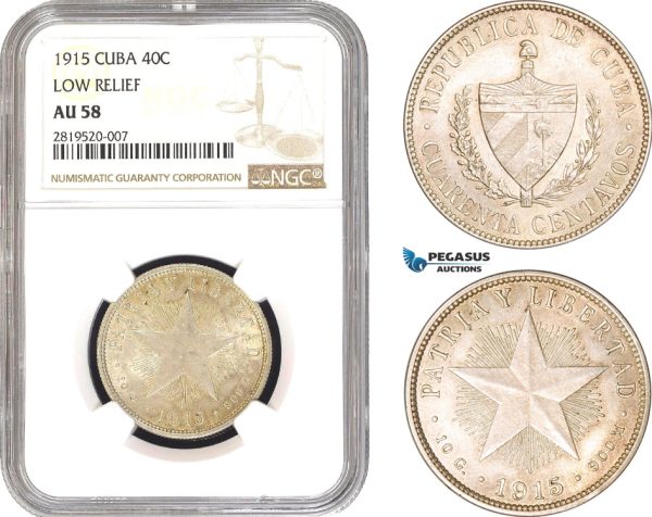 AB774, Cuba, 40 Centavos 1915, Low Relief, Philadelphia, Silver, NGC AU58