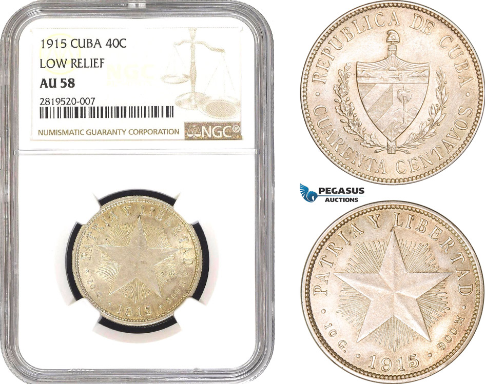 AB774, Cuba, 40 Centavos 1915, Low Relief, Philadelphia, Silver, NGC AU58