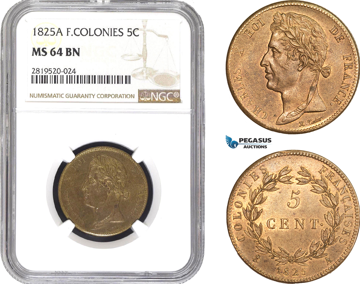AB804, French Colonies, Charles X, 5 Centimes 1825-A, Paris, NGC MS64BN