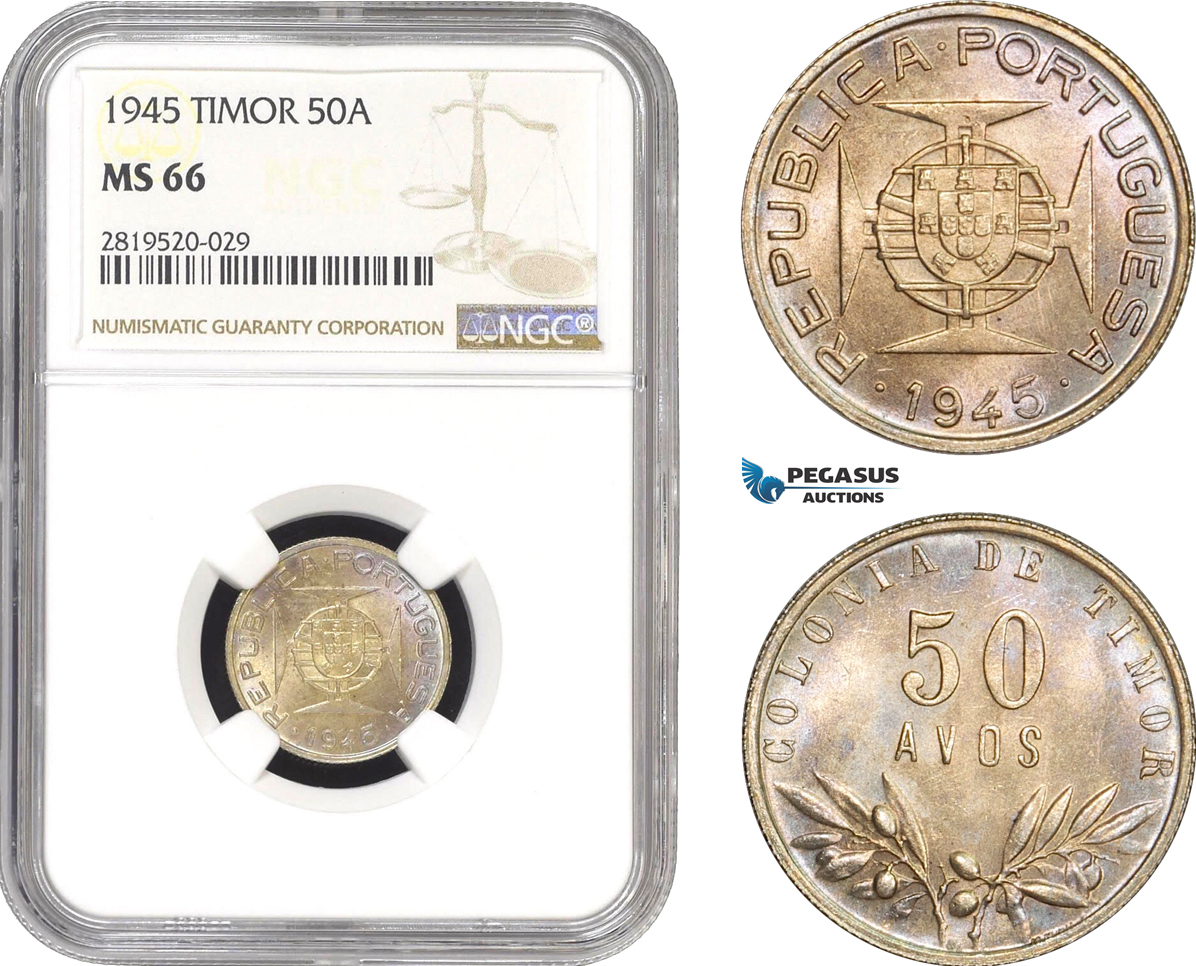 AB824, Timor (Portuguese) 50 Avos 1945, Silver, NGC MS66, Pop 3/0
