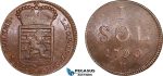 AB830, Luxembourg, Leopold II of Austria, 1 Sol 1790-H, Günzburg, Lustrous AU