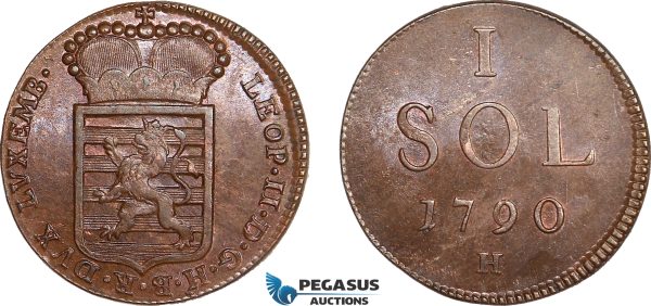 AB830, Luxembourg, Leopold II of Austria, 1 Sol 1790-H, Günzburg, Lustrous AU