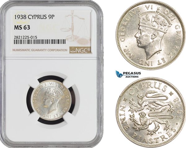AB865, Cyprus, George VI, 9 Piastres 1938, London, Silver, NGC MS63