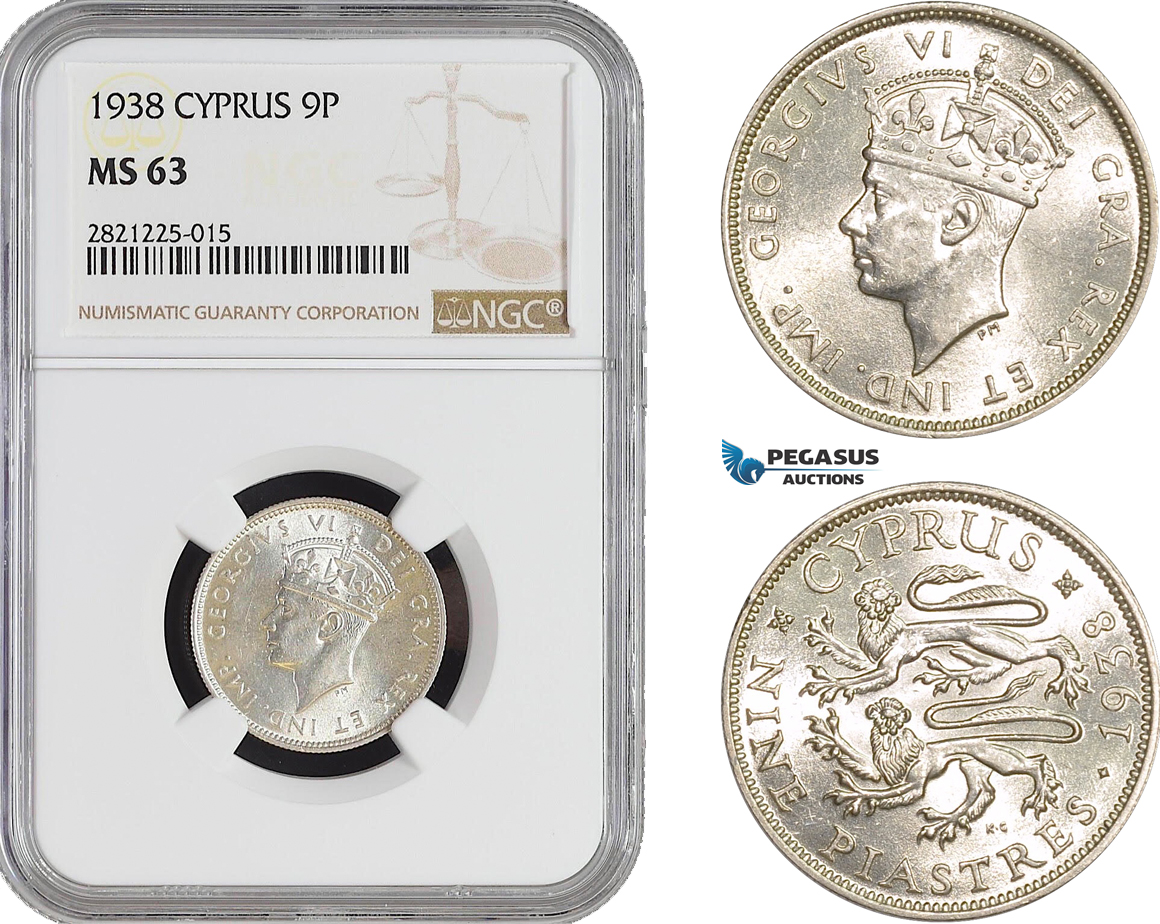 AB865, Cyprus, George VI, 9 Piastres 1938, London, Silver, NGC MS63