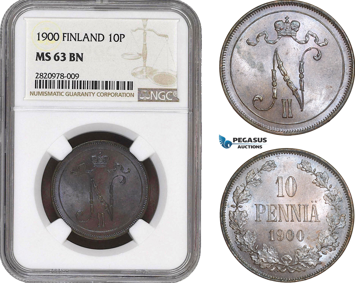 AB874, Finland (under Russia) Nicholas II, 10 Penniä 1900, NGC MS63BN