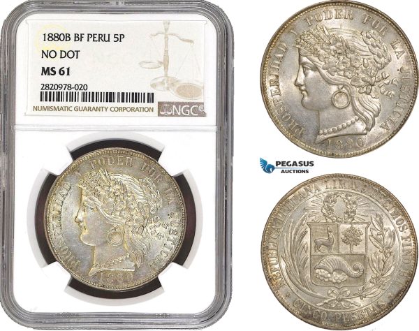AB898, Peru, 5 Pesetas 1880 B BF, No Dot, Silver, NGC MS61