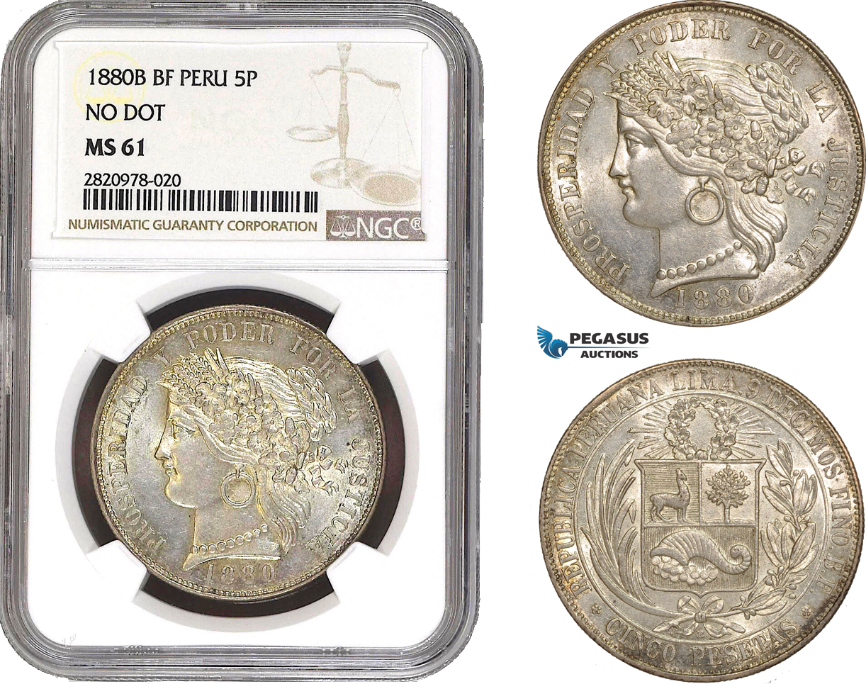 AB898, Peru, 5 Pesetas 1880 B BF, No Dot, Silver, NGC MS61