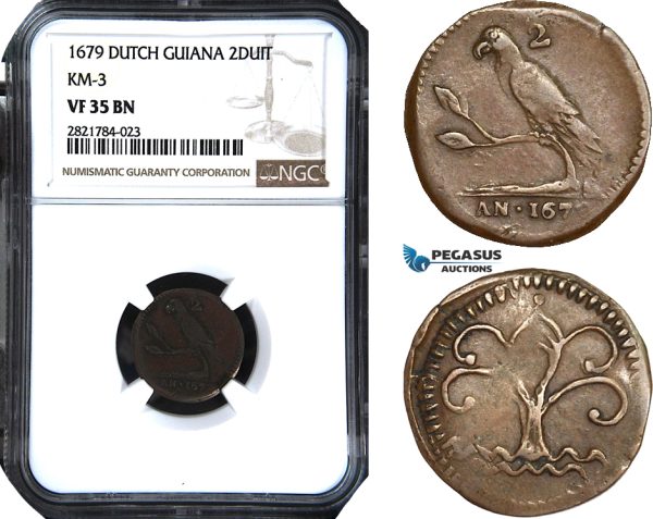 AB965, Dutch Guiana, Suriname, 2 Duit 1679, KM#3, NGC VF35BN, Extremely Rare! Pop 2/0