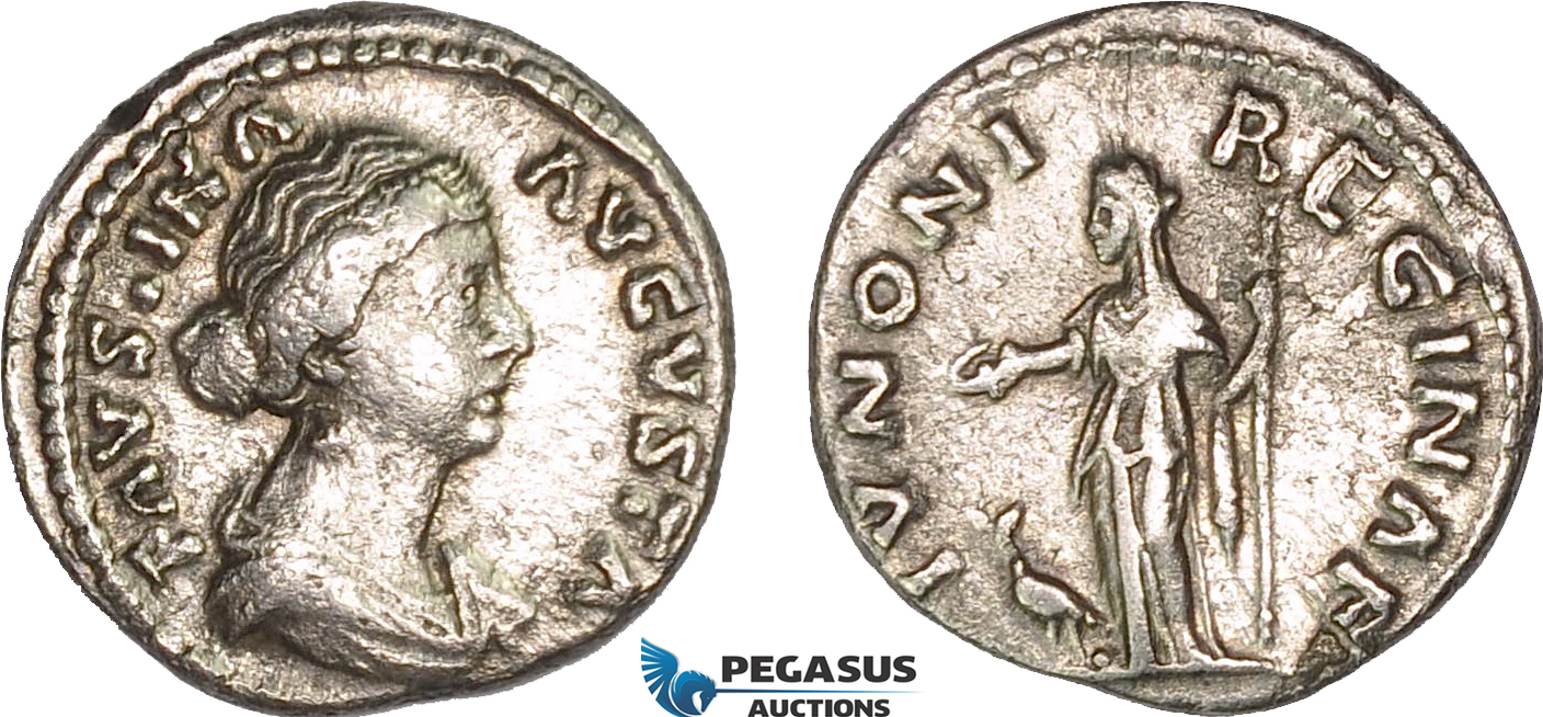 AC001, Roman Empire, Faustina II (AD 147-175) AR Denarius (3.24g) Rome, AD 161-164, Juno