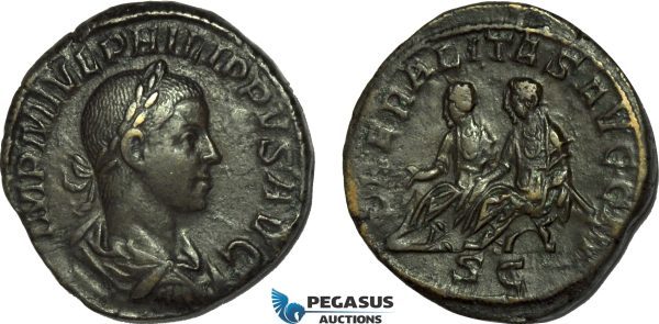 AC022, Roman Empire, Philip II (AD 247-249) Æ Sestertius (15.92g) Rome, AD 248, Philip I & Philip II