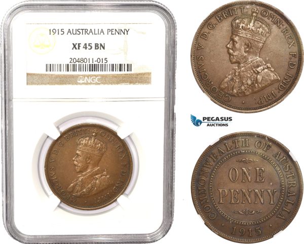 AC031, Australia, George V, Penny 1915, London, NGC XF45BN