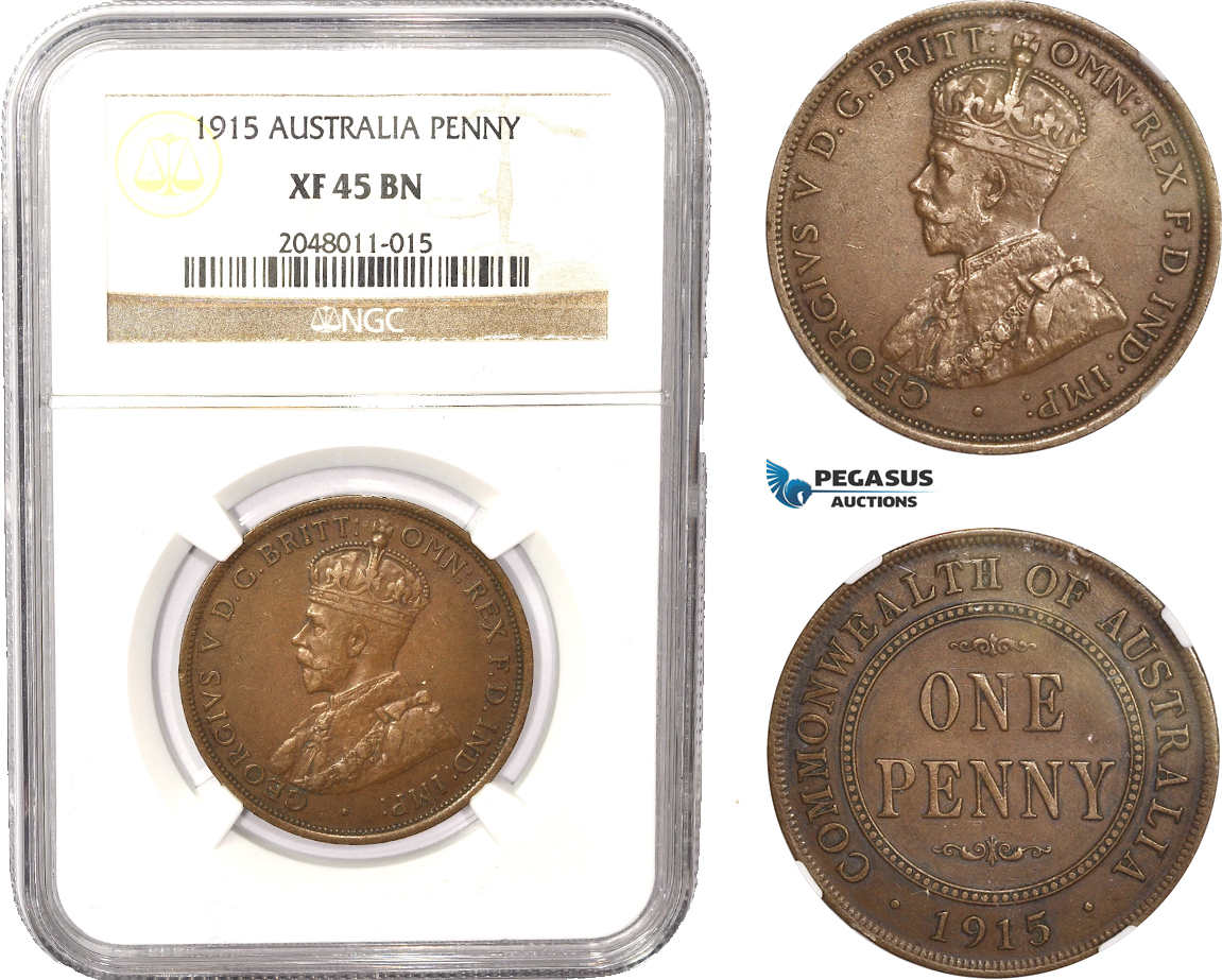AC031, Australia, George V, Penny 1915, London, NGC XF45BN