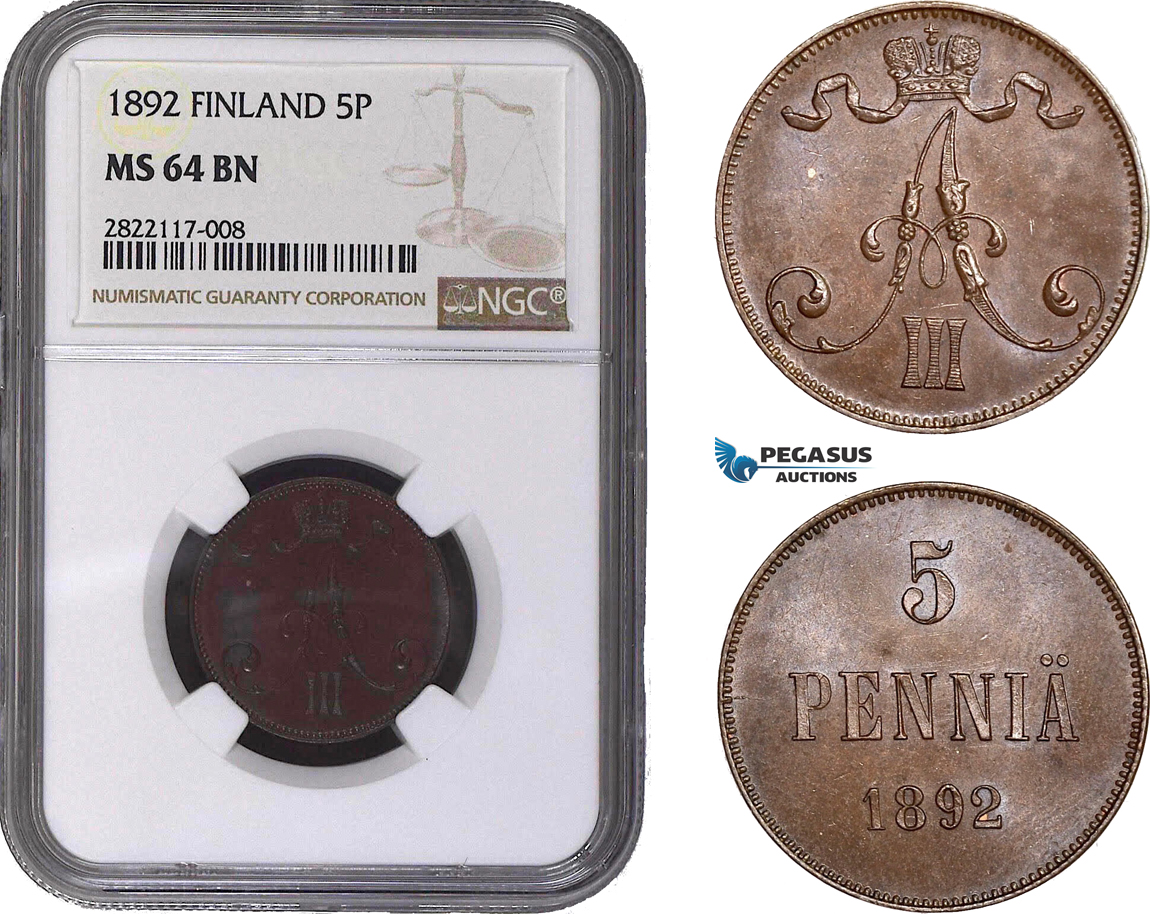 AC044, Finland (under Russia) Alexander III, 5 Penniä 1892, NGC MS64BN, Pop 4/0