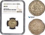 AC058, Iran, Ahmad Shah, 1000 Dinars AH1329 (1911) Silver, NGC MS65, Pop 1/2