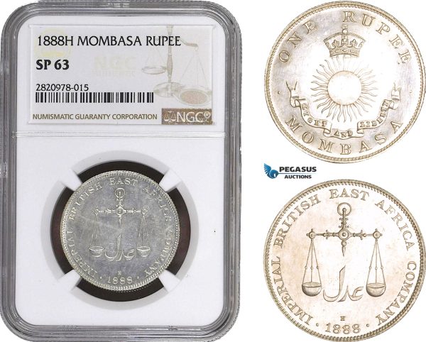 AC062, Mombasa, 1 Rupee 1888-H, Heaton, Silver, NGC SP63