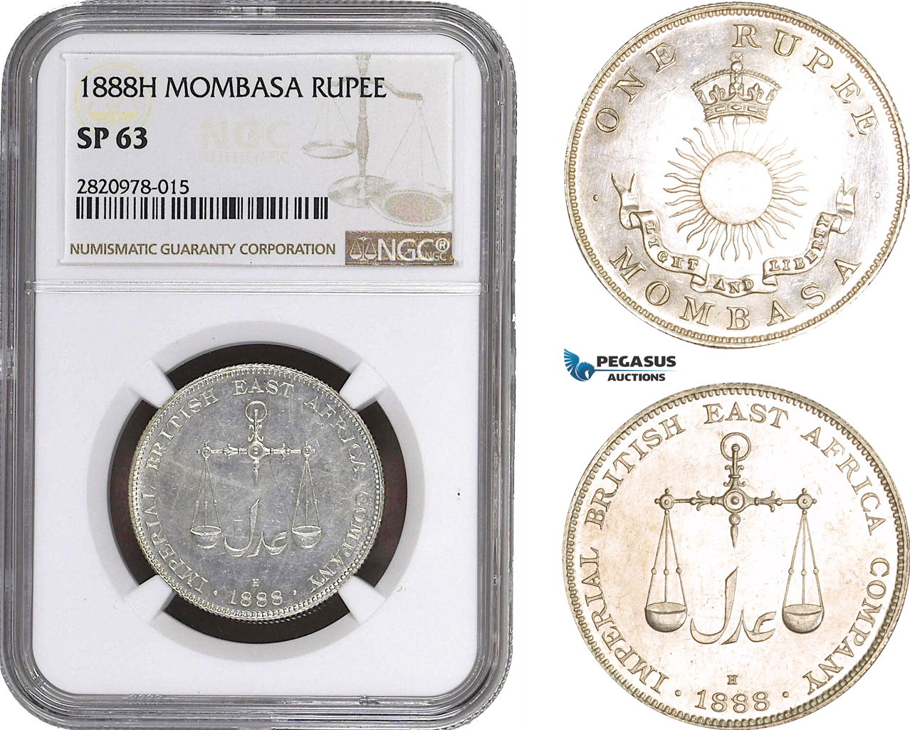AC062, Mombasa, 1 Rupee 1888-H, Heaton, Silver, NGC SP63