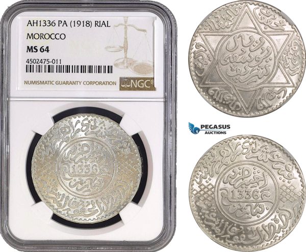 AC063, Morocco, Yusuf, Rial (10 Dirhams) AH1336­-Pa (1918) Paris, Silver, NGC MS64