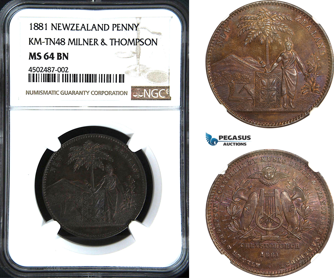 AC064, New Zealand, Token Penny 1881, KM-TN48, Milner & Thompson, NGC MS64BN