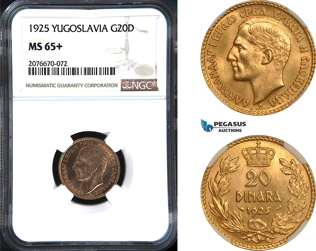 AC094, Yugoslavia, Alexandar I, 20 Dinara 1925, Paris, Gold, NGC MS65+
