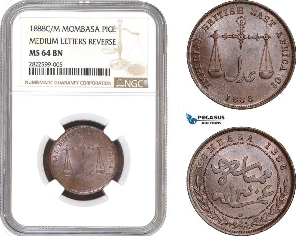 AC147, Mombasa, Pice 1888 C/M "Medium Letters Reverse" NGC MS64