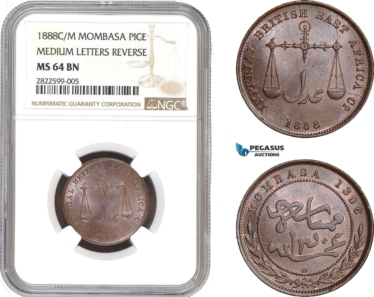 AC147, Mombasa, Pice 1888 C/M "Medium Letters Reverse" NGC MS64