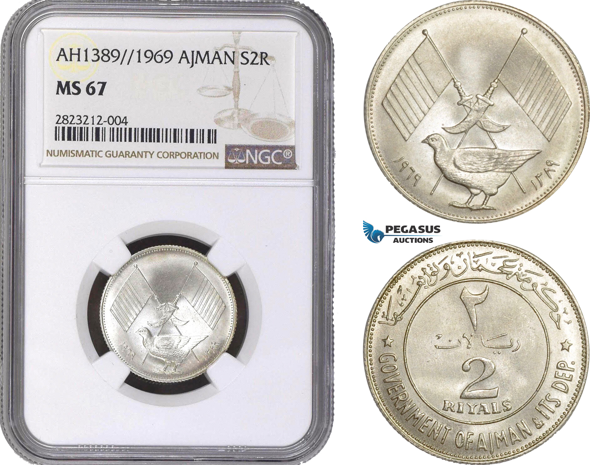 AC157, United Arab Emirates, Ajman, 2 Riyals AH1389 / 1969, Silver, NGC MS67, Pop 6/0
