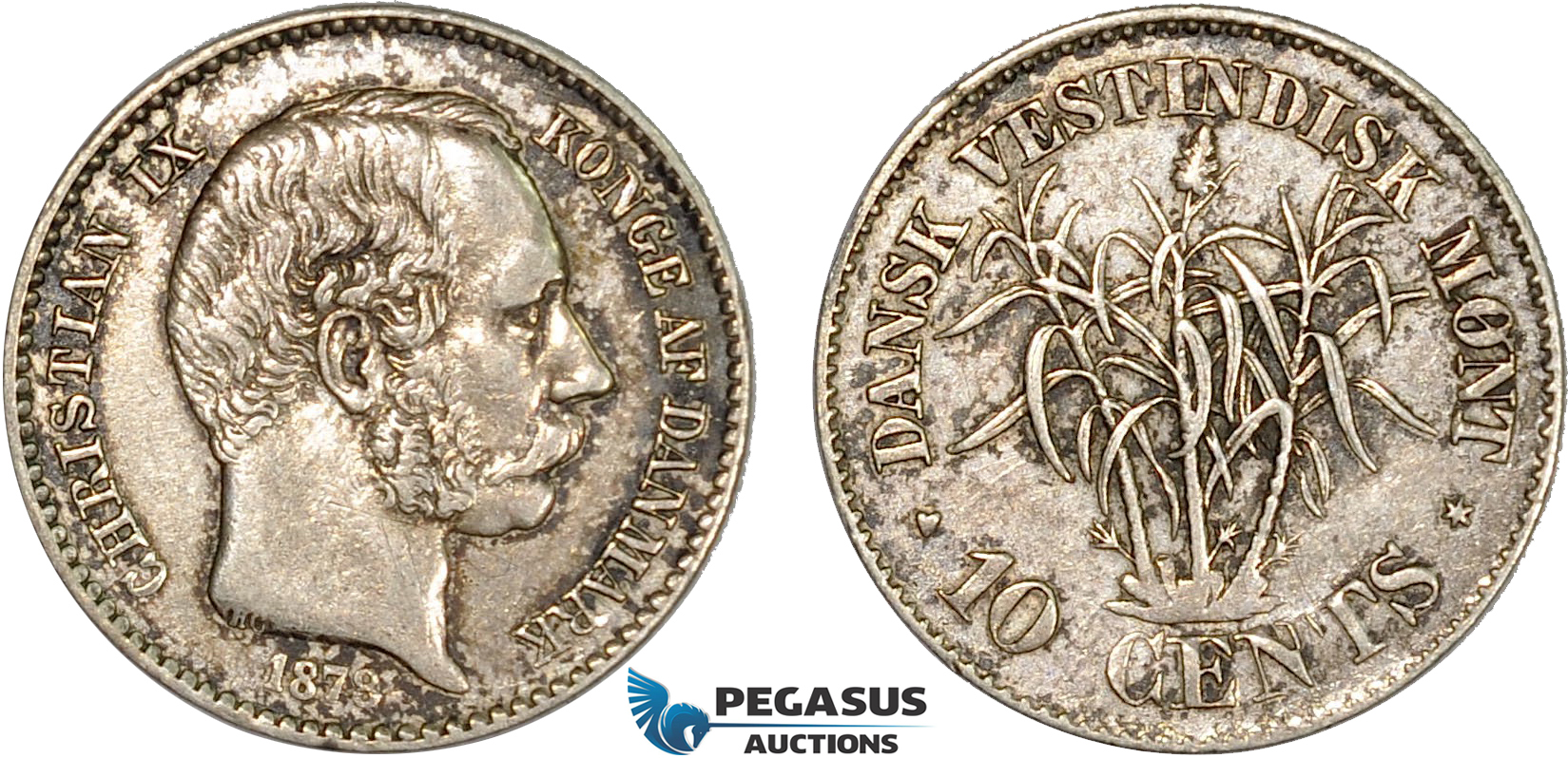 AC206, Danish West Indies, Christian IX, 10 Cents 1878, Copenhagen, Silver, Toned AU