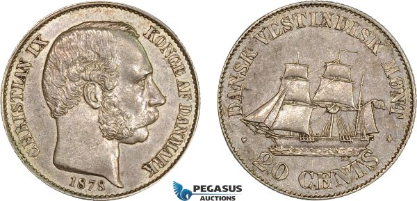 AC207, Danish West Indies, Christian IX, 20 Cents 1878, Copenhagen, Silver, AU+