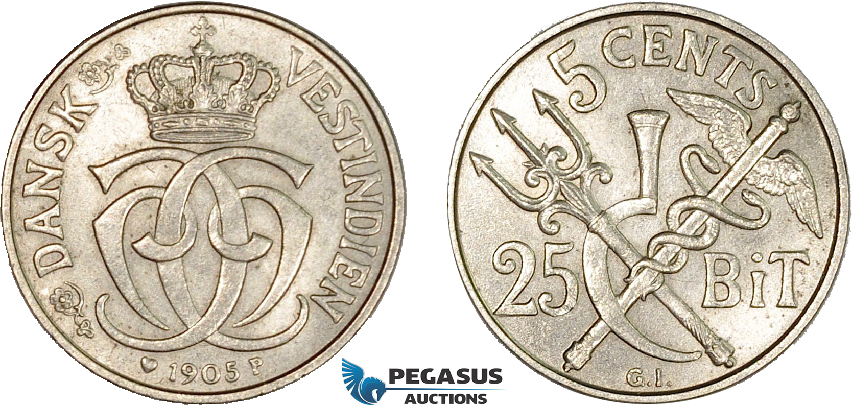 AC208, Danish West Indies, Christian IX, 5 Cents - 25 Bit 1905, Copenhagen, AU-UNC