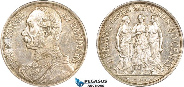 AC209, Danish West Indies, Christian IX, 1 Franc - 20 Cents 1905, Copenhagen, Silver, Cleaned AU