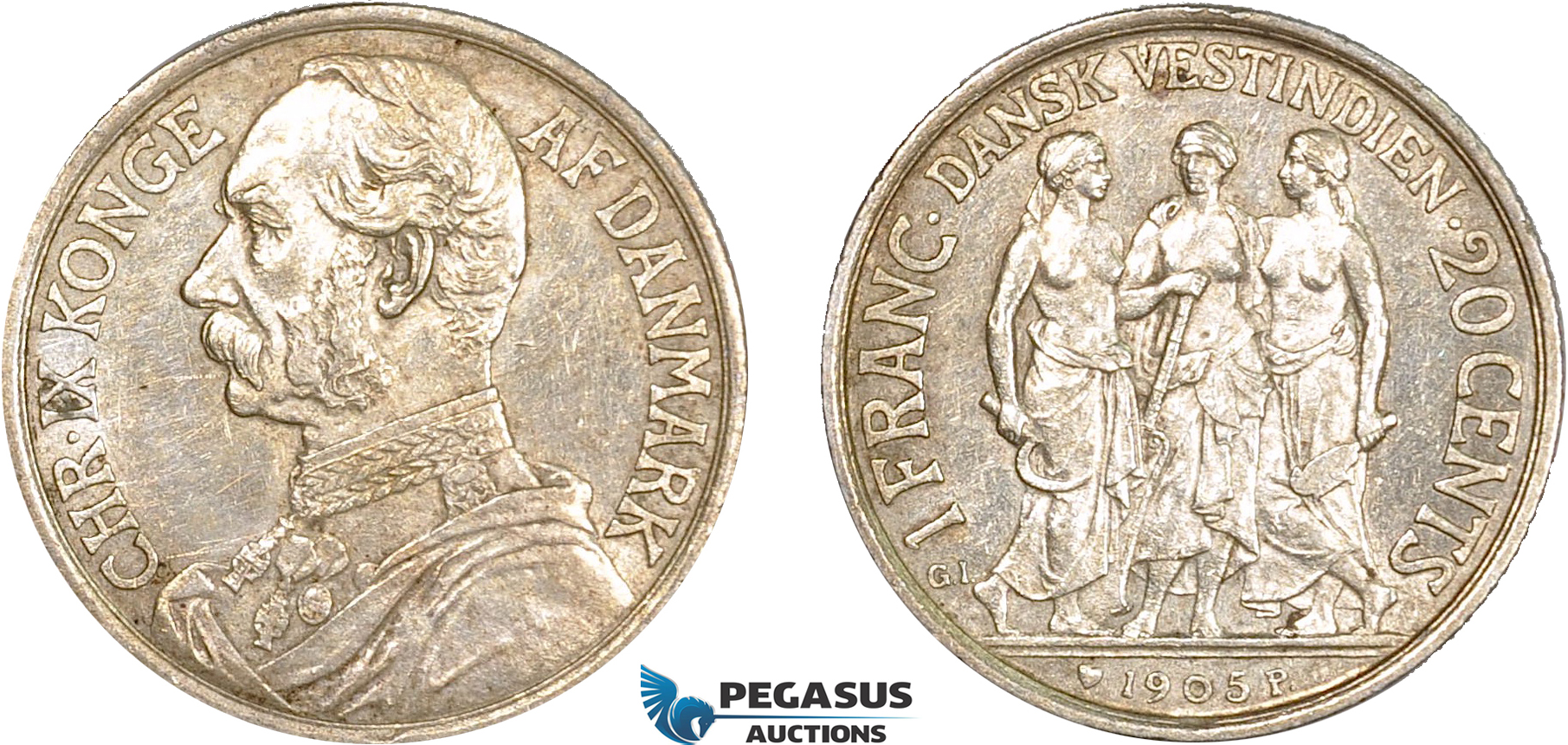 AC209, Danish West Indies, Christian IX, 1 Franc - 20 Cents 1905, Copenhagen, Silver, Cleaned AU