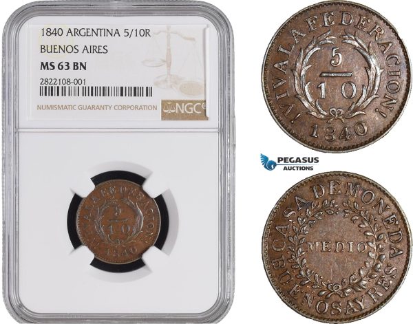 AC217, Argentina, Buenos Aires, 5/10 Real 1840, NGC MS63BN, Pop 2/0