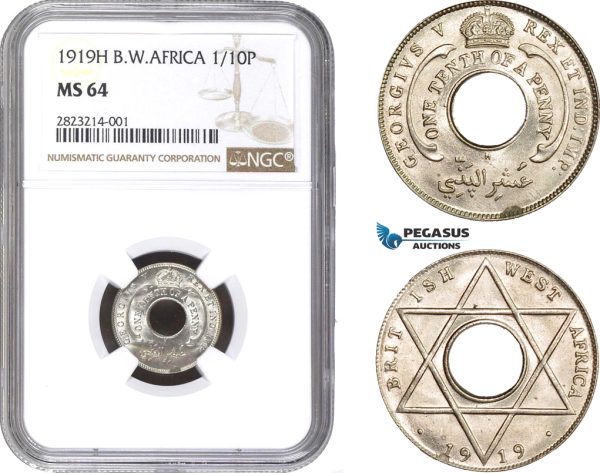 AC218, British West Africa, George V, 1/10 Penny 1919-H, Heaton, NGC MS64