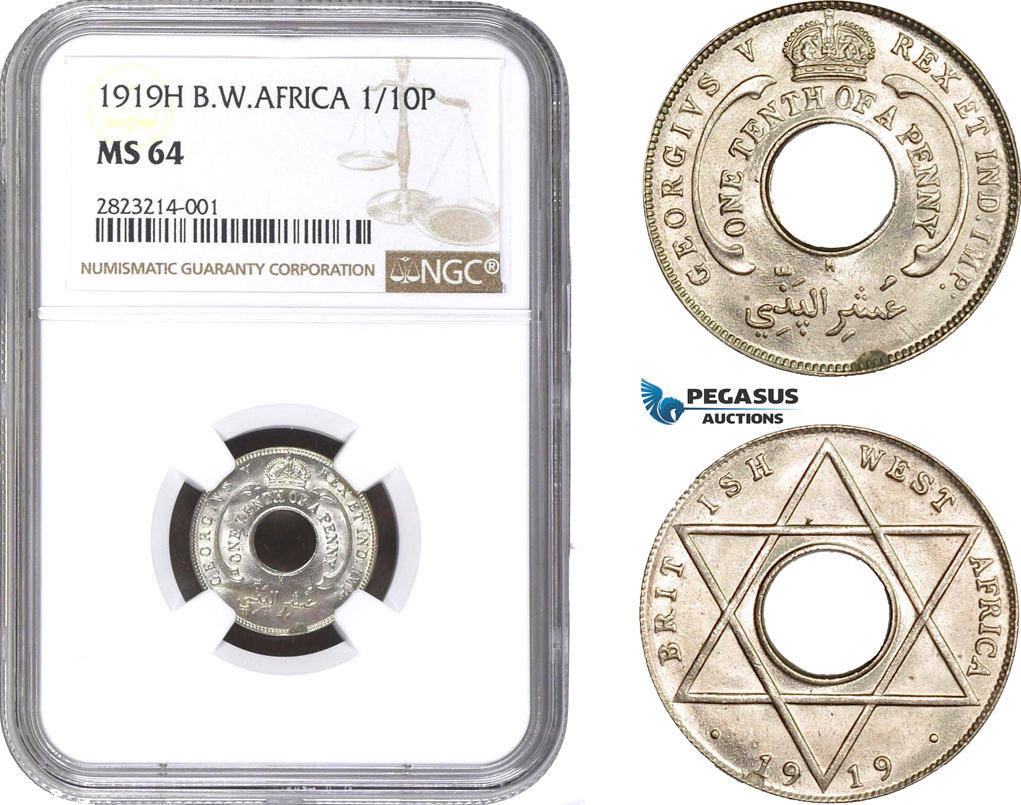 AC218, British West Africa, George V, 1/10 Penny 1919-H, Heaton, NGC MS64